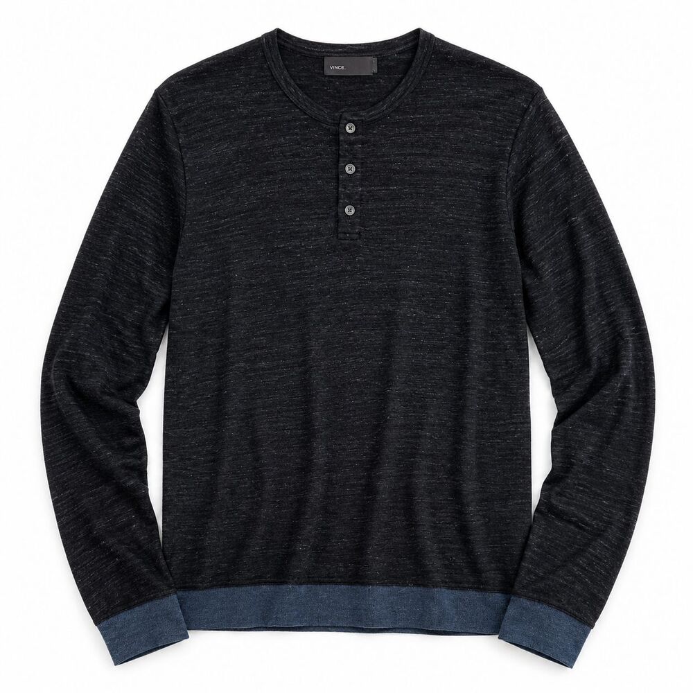 Men's Vince Henley Shirt Size XL Dark Grey Blue Trim Long Sleeve Cotton Cashmere